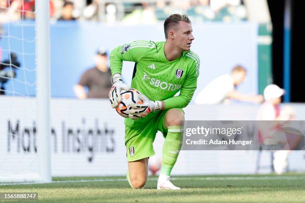 Marek Rodák of Fulham FC controls the ball in the second half during a Premier League Summer Series match between Brentford FC and Fulham FC at...