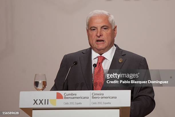 President of Panama Ricardo Martinelli speaks during a press conference at the end of the XXII Ibero-American Summit at Congress Palace on November...