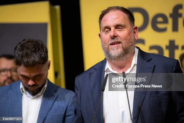 The president of ERC, Oriol Junqueras, appears after knowing the results of the election day of the general elections, at the Nord station where...