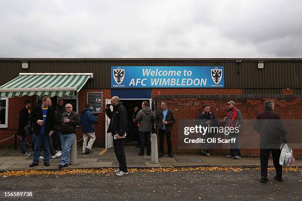 Supporters congregate outside AFC Wimbledon's stadium before the npower League Two match between AFC Wimbledon and Aldershot Town at the Cherry Red...