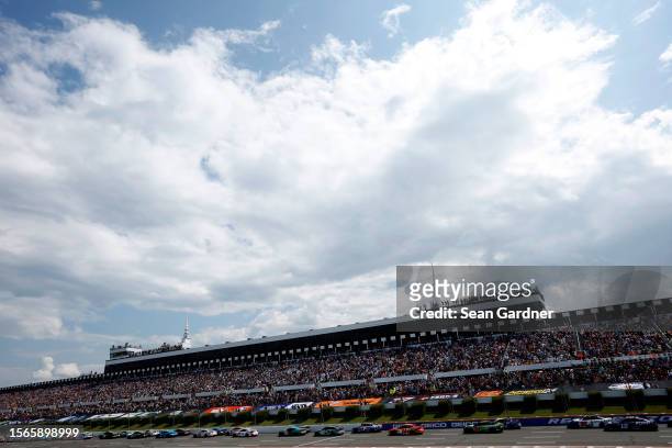 General view of racing during the NASCAR Cup Series HighPoint.com 400 at Pocono Raceway on July 23, 2023 in Long Pond, Pennsylvania.