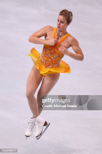 Ashley Wagner of USA on her way to victory in the Ladies Free Skating Program and the gold medal during day two of the ISU Grand Prix of Figure...