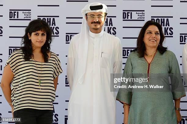Screenwriter Ami Boghani, Doha Film Institute CEO Abdulaziz Bin Khalid Al-Khater and Filmmaker Mira Nair attend the Festival Opening Press Conference...