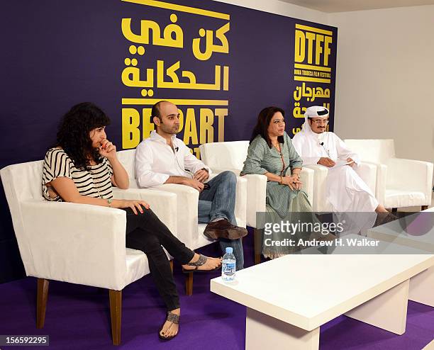 Screenwriter Ami Boghani, novelist Mohsin Hamid, Filmmaker Mira Nair and Doha Film Institute CEO Abdulaziz Bin Khalid Al-Khater attends the Festival...