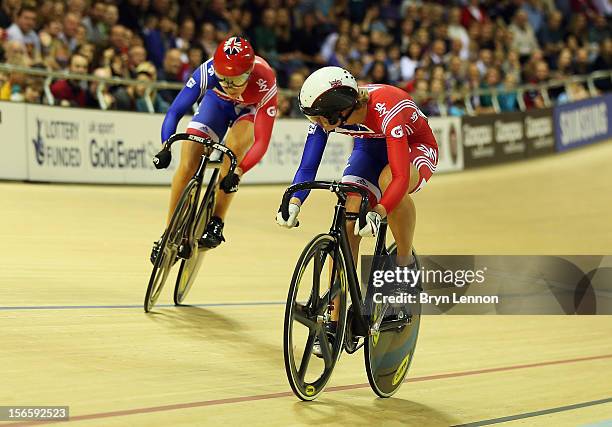 Jessica Varnish of Great Britain competes against Rebecca James in the semi-final of the Women's Sprint during day two of the UCI Track Cycling World...