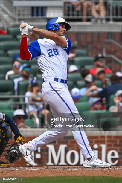 Atlanta Braves first baseman Matt Olson with a game winning two run home run in the eighth inning of the MLB game between the Milwaukee Brewers and...