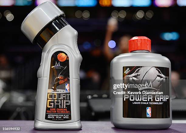 Detail of Mission Court Grip and Power Grip is seen on the scorer's table during the Los Angeles Lakers and Phoenix Suns basketball game at Staples...