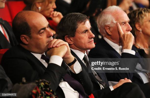 Luca Zingaretti, Gianni Alemanno and Paolo Ferrari during the Awards Ceremony at the 7th Rome Film Festival at Auditorium Parco Della Musica on...