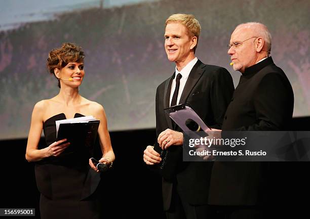 Jury President Matthew Modine , Claudia Pandolfi and Marco Muller on stage during the Awards Ceremony at the 7th Rome Film Festival at Auditorium...