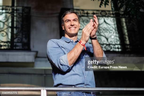 The President of the Government of Spain and Secretary General of the PSOE, Pedro Sanchez, thanks his voters for the results obtained on election day...