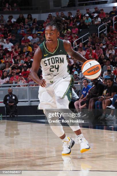 Jewell Loyd of the Seattle Storm dribbles the ball during the game against the Indiana Fever on July 30, 2023 at Gainbridge Fieldhouse in...