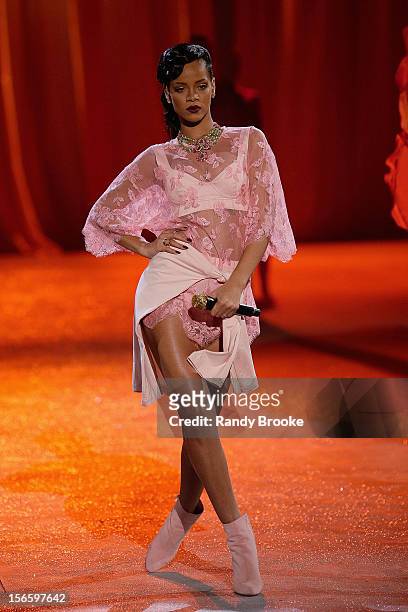 Rihanna performs during the 2012 Victoria's Secret Fashion Show at the Lexington Avenue Armory on November 7, 2012 in New York City.