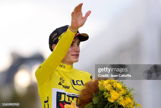 Tour de France 2023 winner, yellow jersey Jonas Vingegaard of Denmark and Jumbo - Visma celebrates during the podium ceremony following stage...