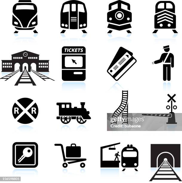 railroad station and service black & white icon set - rail transportation stock illustrations