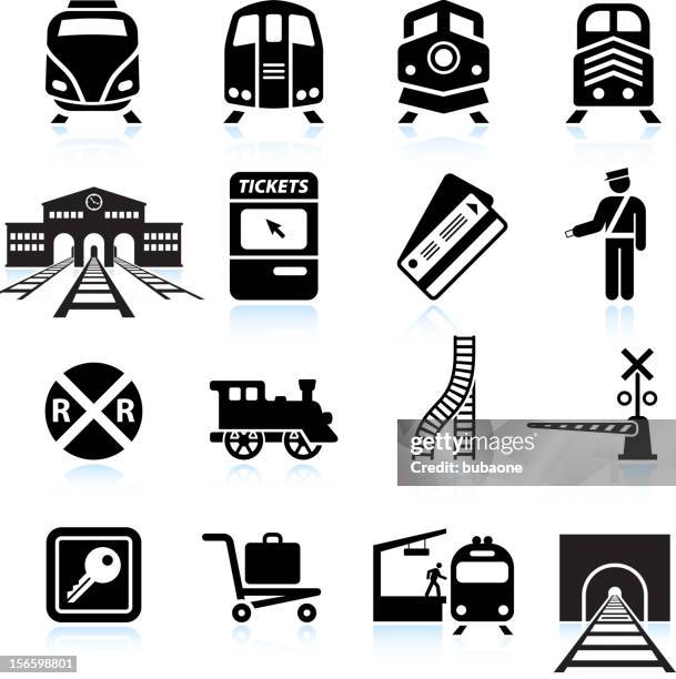 railroad station and service black & white icon set - railroad station stock illustrations