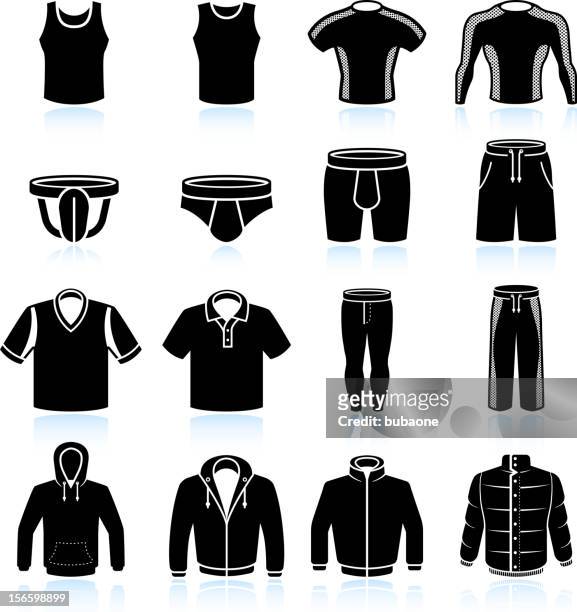 mann sportswear und kleidung & schwarz-weiß vektor icon-set - leather jacket stock-grafiken, -clipart, -cartoons und -symbole
