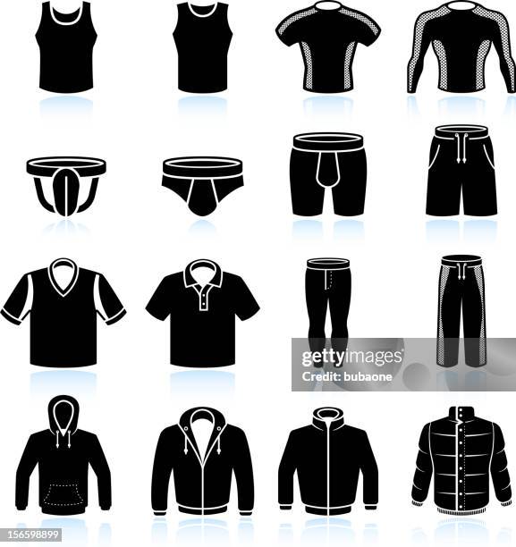 bildbanksillustrationer, clip art samt tecknat material och ikoner med man sportswear and clothing black & white vector icon set - för litet