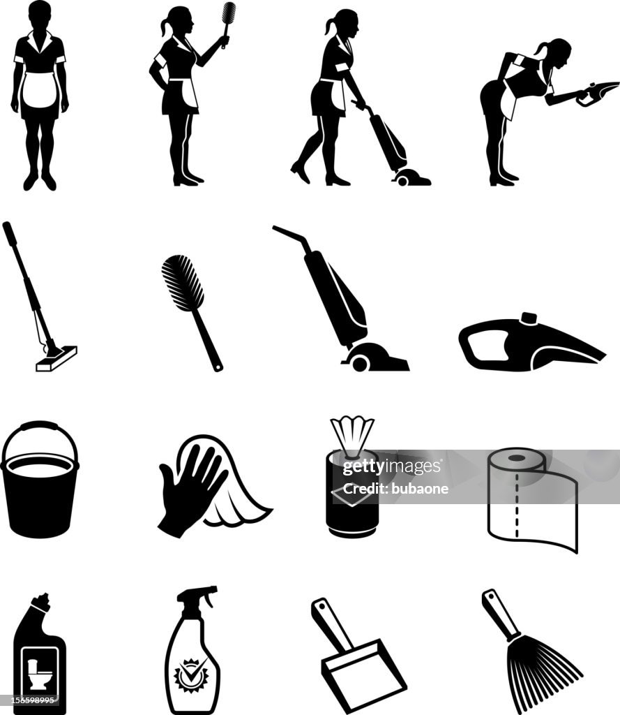 Maid Cleaning Help Service black and white vector icon set