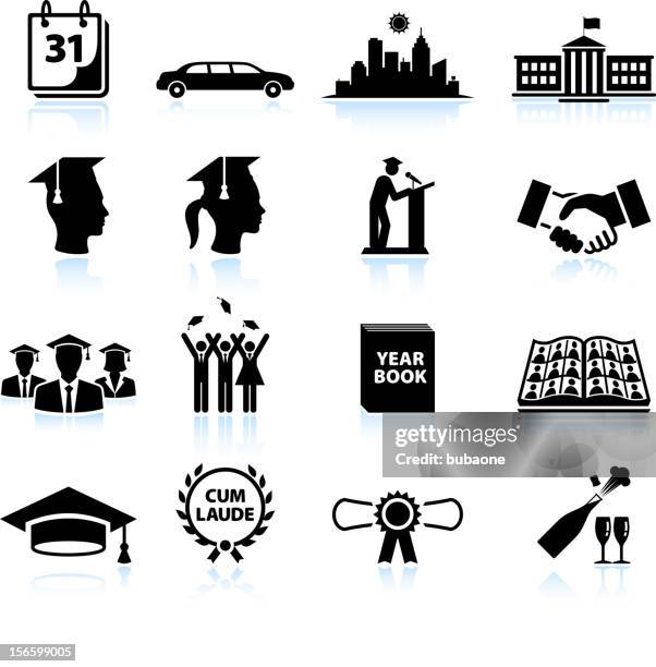 graduation day black & white royalty free vector icon set - yearbook stock illustrations