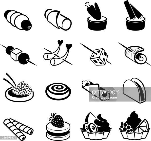appetithäppchen und schwarz und weiß lizenzfreie vektor icon-set - häppchen stock-grafiken, -clipart, -cartoons und -symbole