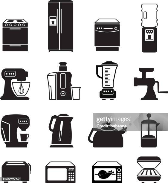 kitchen appliances black & white royalty free vector icon set - meat grinder stock illustrations