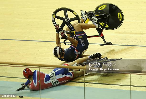 Jason Kenny of Great Britain crashes out of the Men's Kierin Final on day two of the UCI Track Cycling World Cup at Sir Chris Hoy Velodrome on...