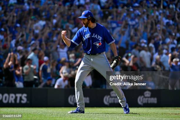 Jordan Romano of the Toronto Blue Jays reacts after defeating the Seattle Mariners at T-Mobile Park on July 23, 2023 in Seattle, Washington. The...