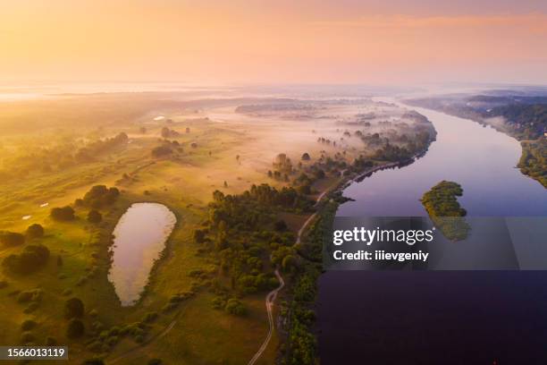 nachhaltigkeit. morgennebel luftaufnahme. atmosphärische landschafts-drohnenfotografie. laubwald. regenwald - klimaschutz stock-fotos und bilder