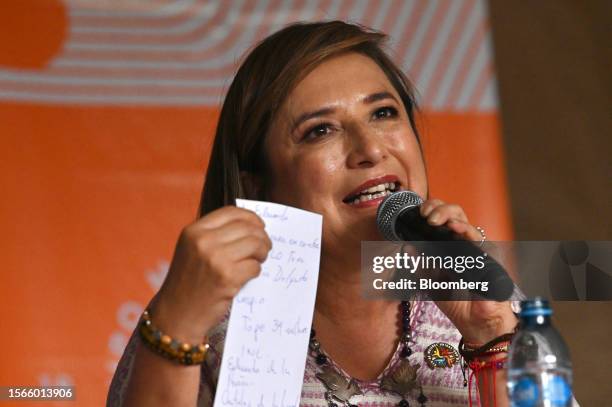 Senator Xochitl Galvez, an opposition presidential candidate, speaks during a press conference ahead of a campaign rally in Tijuana, Mexico, on...