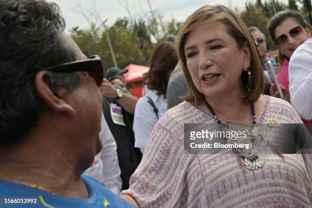 Senator Xochitl Galvez, an opposition presidential candidate, greets supporters during a campaign rally in Tijuana, Mexico, on Sunday, July 30, 2023....