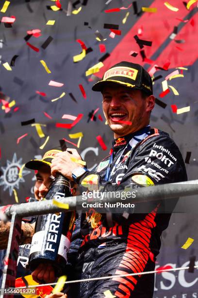 Max Verstappen of Red Bull Racing wins the F1 Grand Prix of Belgium at Circuit de Spa-Francorchamps on July 30, 2023 in Spa, Belgium.