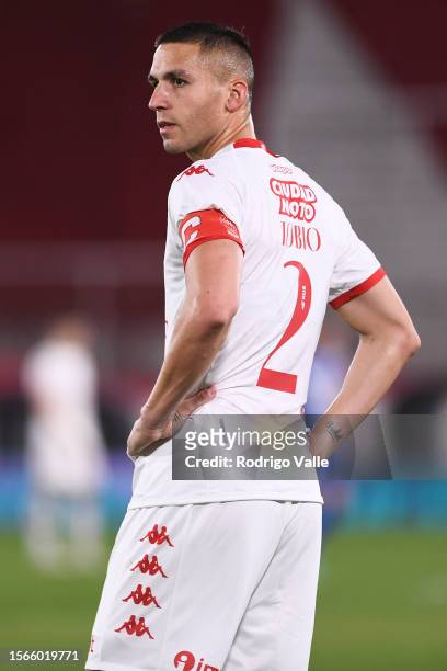 Fernando Tobio of Huracan reacts during a match between Huracan and Velez Sarsfield as part of Liga Profesional 2023 at Tomas Adolfo Duco Stadium on...