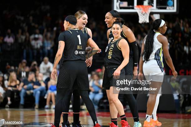 The Las Vegas Aces celebrates during the game against the Dallas Wings on July 30, 2023 at Michelob ULTRA Arena in Las Vegas, Nevada. NOTE TO USER:...