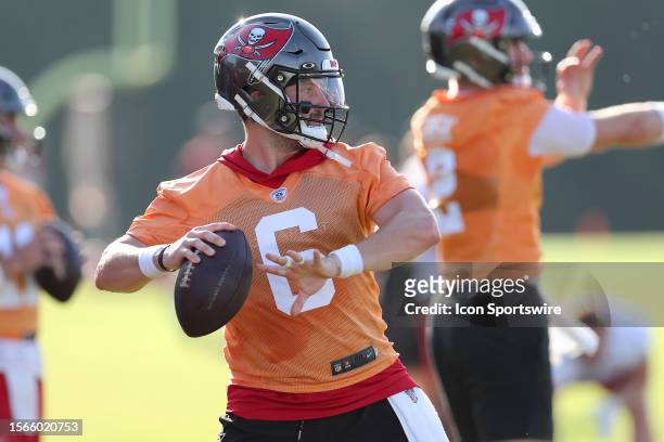 Tampa Bay Buccaneers Quarterback Baker Mayfield goes thru a drill during the Tampa Bay Buccaneers Training Camp on July 30, 2023 at the AdventHealth...