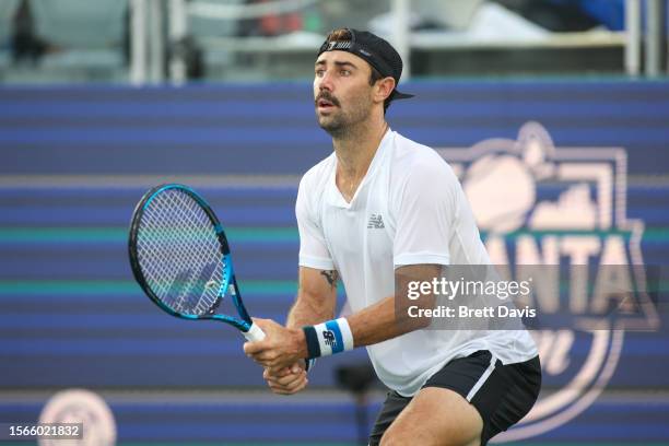 Jordan Thompson of Australia in action during the ATP Atlanta Open doubles final at Atlantic Station on July 30, 2023 in Atlanta, Georgia.