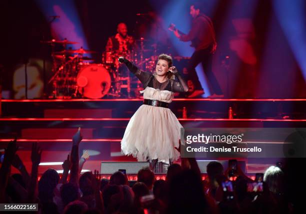 Kelly Clarkson performs during her show chemistry...An Intimate Night with Kelly Clarkson at Bakkt Theater at Planet Hollywood Las Vegas Resort &...