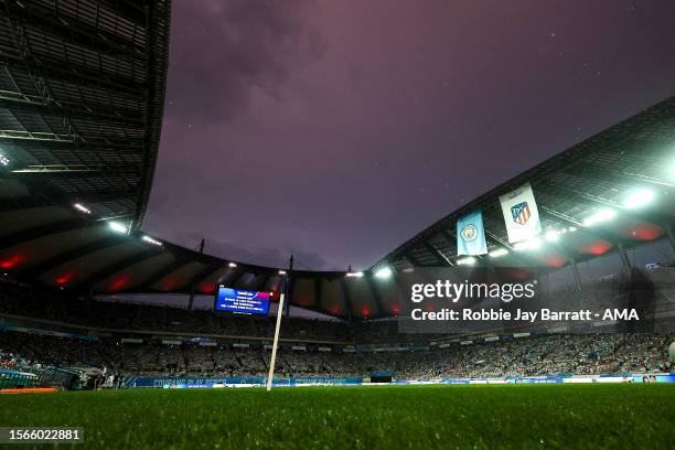 General internal view of Seoul World Cup Stadium following torrential rain thunderstorm conditions during the preseason friendly match between...