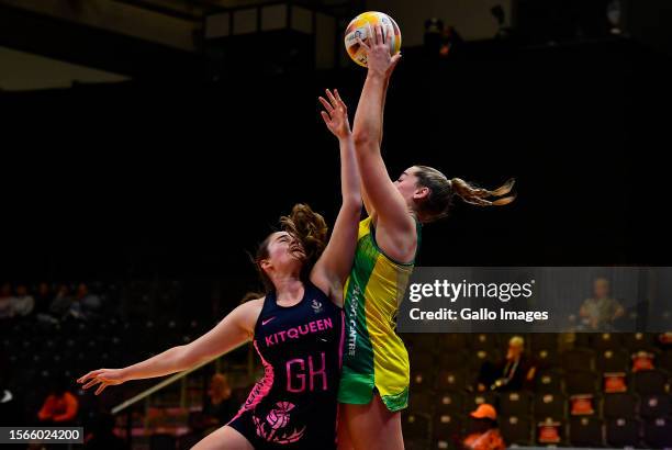 Rachel Conway of Scotland and Sophie Garbin of Australia during the Netball World Cup 2023, Pool F match between Australia and Scotland at Cape Town...