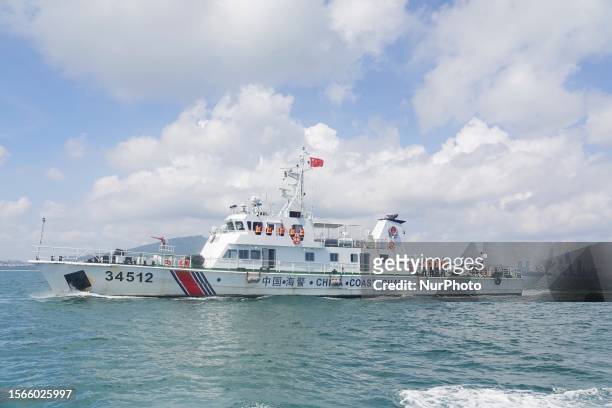 Coast Guard boat 34512 patrols the waters off Yantai, East China's Shandong Province, July 28, 2023. China's coast guard has more than 100,000...