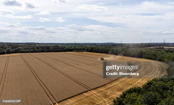 Combine harvester operates in a field during a wheat harvest on a farm near Danbury, UK, on Wednesday, July 26, 2023. Wheat traded in Chicago almost...