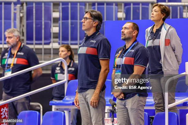 Headcoach Carlo Silipo of Italy during the national anthem during the World Aquatics Championships 2023 Women's Waterpolo match between South Africa...