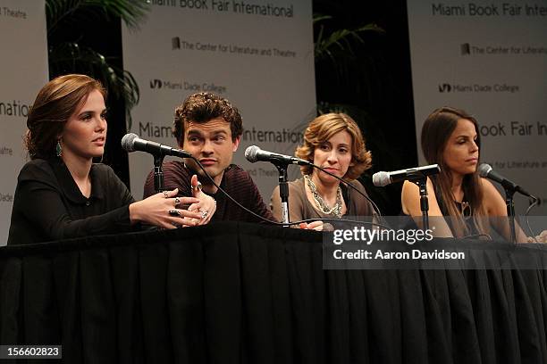 Zoey Deutch, Alden Ehrenreich, Kami Garcia, and Margaret Stohl attend Warner Bros. "Beautiful Creatures" Authors And Cast At Miami Book Fair on...