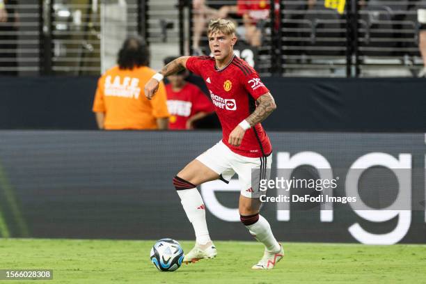 Brandon Williams of Manchester United controls the ball during the pre-season friendly match between Manchester United and Borussia Dortmund at...
