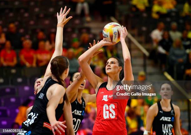 Georgia Rowe of Wales during the Netball World Cup 2023, Pool G match between Wales and New Zealand at Cape Town International Convention Centre...