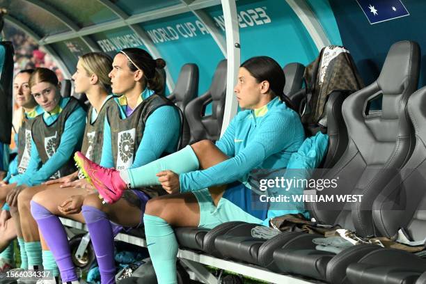 Australia's forward Sam Kerr is seen on the substitute bench prior to the Australia and New Zealand 2023 Women's World Cup Group B football match...