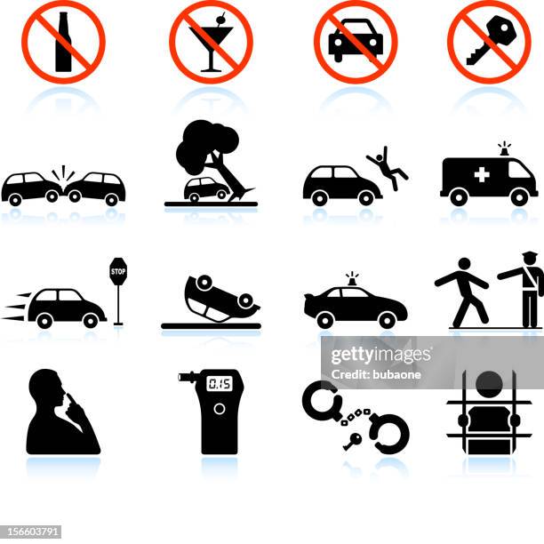 drunk driving and consequences black & white vector icon set - consequence icon stock illustrations