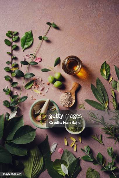 natural cosmetic ingredients for organic skin care - tea sage stock pictures, royalty-free photos & images