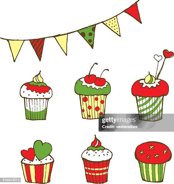 green red christmas color cupcakes with various decoration and bunting - christmas bunting stock illustrations