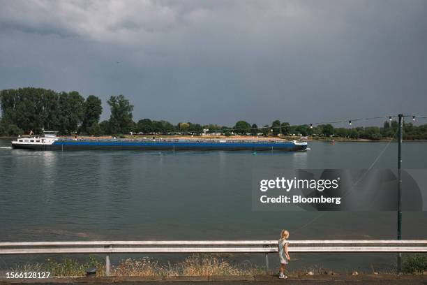 Tanker barge sails along the Rhine River in Nierstein, Germany, on Wednesday, July 19, 2023. With water regularly receding to levels that impede...
