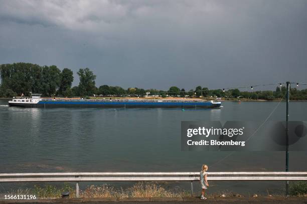 Tanker barge sails along the Rhine River in Nierstein, Germany, on Wednesday, July 19, 2023. With water regularly receding to levels that impede...